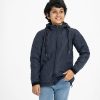 Kid boys bombay jacket in taffeta fabric. Funnel neck with the hoodie and drawstring cord. front opening zipper and two pockets.