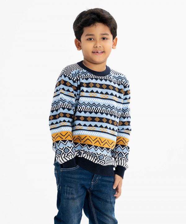 Kid boy's geometric printed sweater in blended cotton knit fabric. Round collar, full sleeves and a straight hem. Featuring narrow ribbing at the collar, cuffs, and hem.