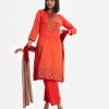 Women's printed Salwar Kameez in crepe fabric. Round neck, three-quarter sleeves and karchupi at the front of kameez. Half-silk dupatta with culotte palazzo pants.