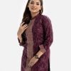 Printed straight kameez in viscose fabric. Mandarin collar, long-sleeved. Karchupi at the front.