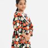 Kid girls A-line frock in printed georgette fabric. Retro-style V-collar with lace, bishop-sleeved. Box pleated and show button at the front and side belts.