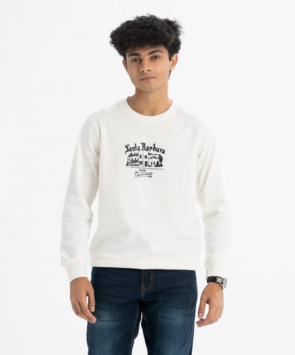 Men's winter slim fitted sweat shirt in terry fabric. Full sleeves, round neck and print on the chest.