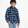 Kids Boy Long Sleeve Hoodie Shirt in flannel fabric. Classic collar with hoodie. Button fastening and a pocket.