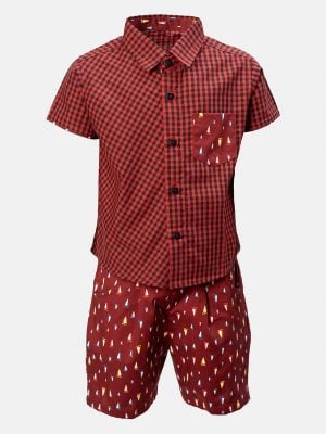 Newborn check printed baby boy shirt pant set in cotton fabric. Classic collar, short sleeves and a chest pocket.
