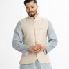 Men's Waistcoat in Jacquard fabric. Mandarin collar, sleeveless, straight hem with button closure and three pockets at front. Embroidery & karchupi assembled.