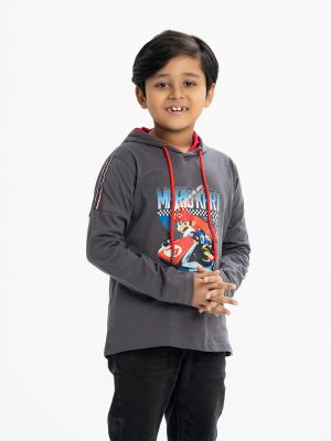 Kid boy's long-sleeved hoddie T-shirt in cotton single jersey fabric. Mario racing print at the front and matching twill tape on the shoulders.