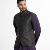 Men's Waistcoat in Jacquard fabric. Mandarin collar, sleeveless, straight hem with button closure and three pockets at front.