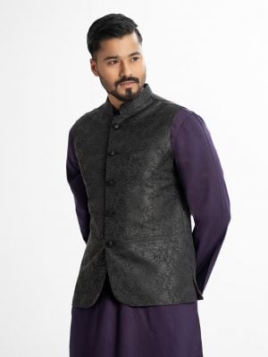 Men's Waistcoat in Jacquard fabric. Mandarin collar, sleeveless, straight hem with button closure and three pockets at front.