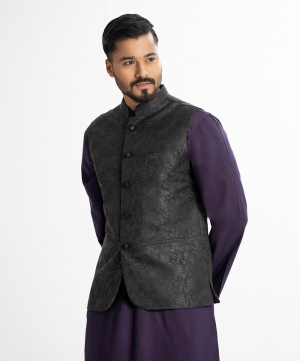 Men's Waistcoat in Jacquard fabric. Mandarin collar, sleeveless, straight hem with button closure and three pockets at front.