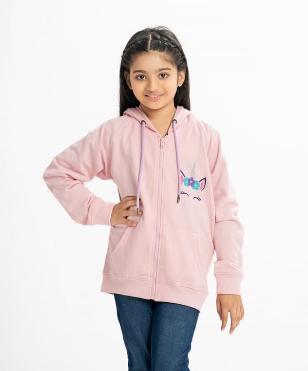 Kid girls long-sleeve hoodie in French terry fabric. Zipper opening at the front, adjustable drawstring at hood. Unicorn print detail at the back & front side with kangaroo pockets.