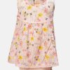 Sleeveless tent-style newborn baby girls frock in cotton fabric. All-over floral printed with lace work at the chest and hemline.
