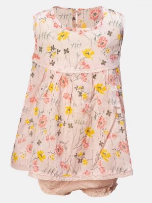 Sleeveless tent-style newborn baby girls frock in cotton fabric. All-over floral printed with lace work at the chest and hemline.