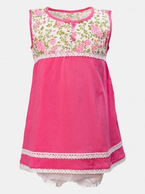 Sleeveless newborn baby girls frock in cotton fabric. Floral print detail on the chest.