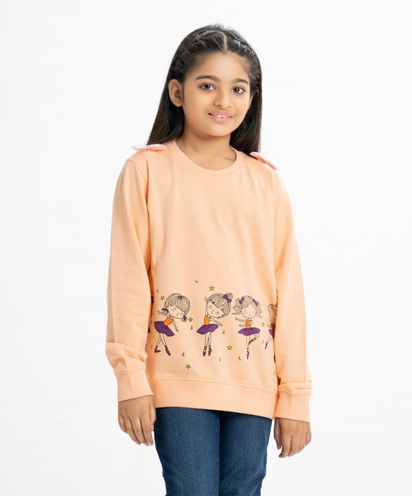 Kid girls solid color winter sweat shirt in terry fabric. Round neck, long sleeves, print at front and bow attach at yoke in both sides. Featuring narrow ribbing at the cuffs, and hem.