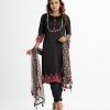 Women's Salwar Kameez in crepe fabric. Round neck, three-quarter sleeves and karchupi & embroidery at the front & sleeves of kameez. Floral printed georgette dupatta with culotte palazzo pants.