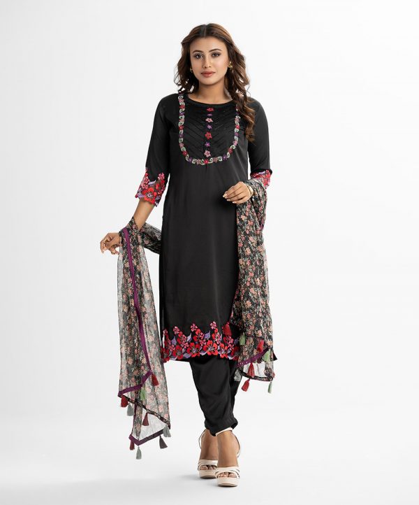 Women's Salwar Kameez in crepe fabric. Round neck, three-quarter sleeves and karchupi & embroidery at the front & sleeves of kameez. Floral printed georgette dupatta with culotte palazzo pants.