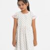 Kid girls printed frock in crepe fabric with half-body viscose inner. Cap sleeves and dimond pin tuck at front.