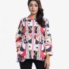 Women's printed jacket in cotton fabric. Stand collar, full-sleeved. Hidden button placket and two sides pocket at side.