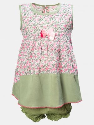 Sleeveless layered newborn baby girls frock in cotton fabric. Floral printed fabric layer attached.