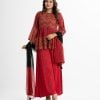 Women's exclusive salwar kameez from Nargisus by Le Reve. Crafted in georgette fabric. Round neck, bell-sleeved. Chevron patterned karchupi at the front. chiffon dupatta with crepe skirt palazzo.
