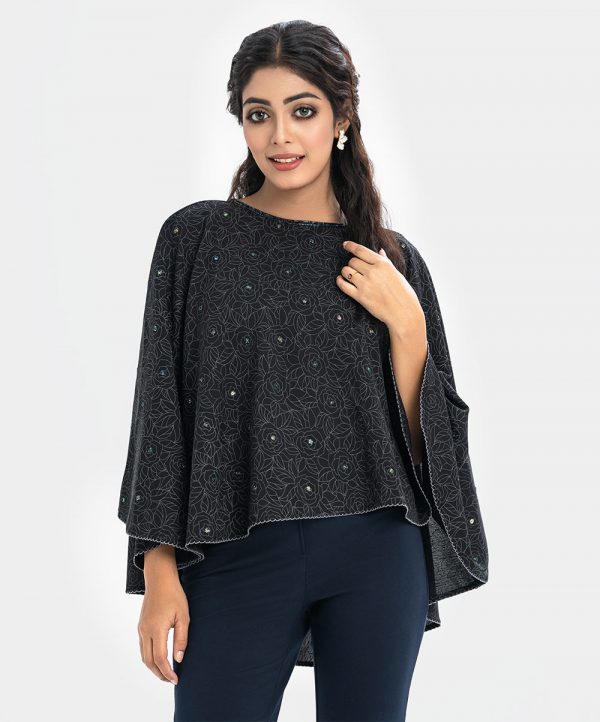 Women's floral printed abaya style cape in georgette fabric. Round neck with karchupi at the front and high low hem.