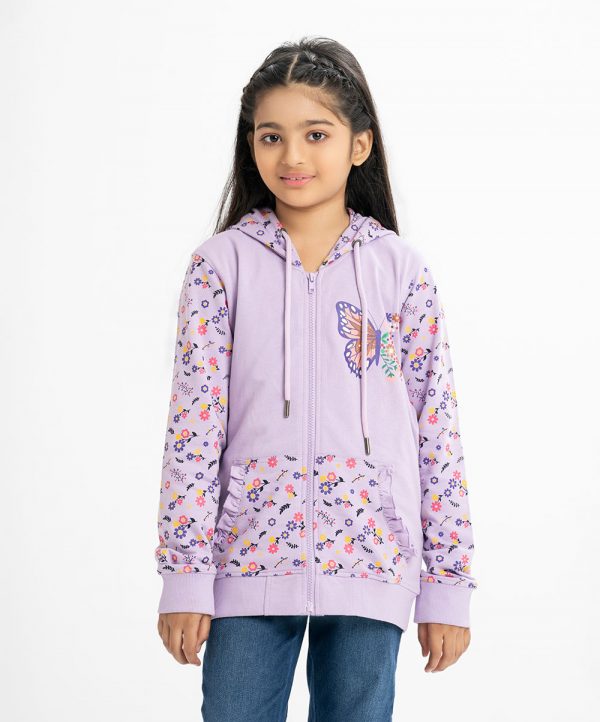 Kid girls long-sleeve hoodie in French terry fabric. Zipper opening at the front, adjustable drawstring at hood. Butterfly and floral print detail at the front with kangaroo pockets.