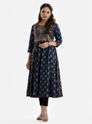Blue Crepe A-Line Long Tunic