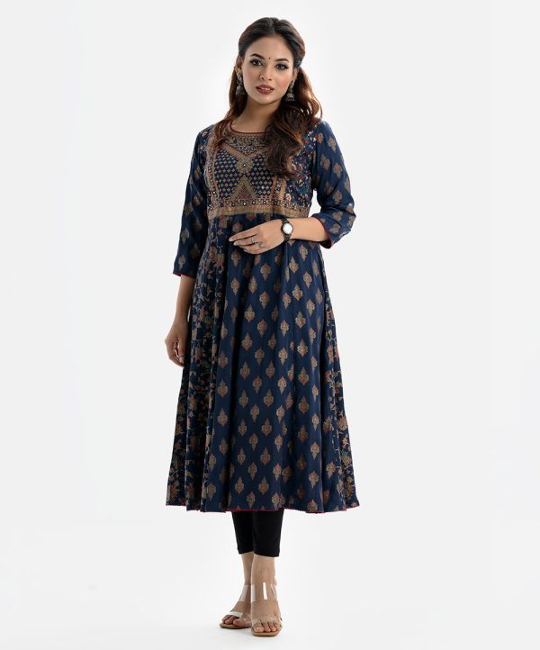 Blue Crepe A-Line Long Tunic