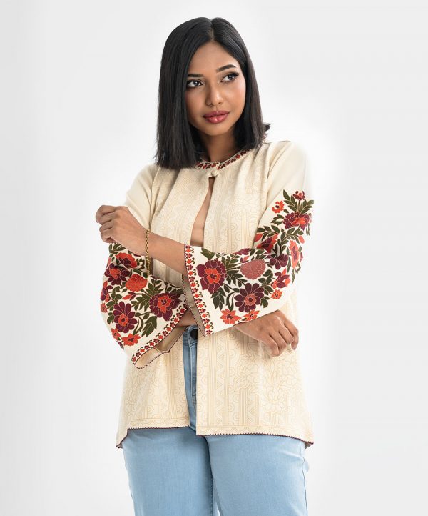 Women's printed jacket from Nargisus by Le Reve. The jacket is in interlock fabric. Stand collar, long-sleeved with floral print. One button fastening.