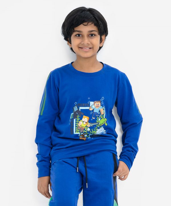 Kids boy sweatshirt in terry fabric. Round neck, long-sleeved. mine craft design at the front.