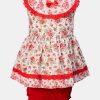 Sleeveless newborn baby girls floral printed frock in cotton fabric with short pant set. Lacework and bow at the front.