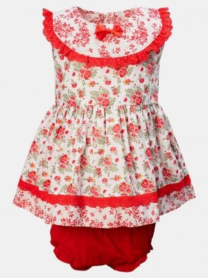 Sleeveless newborn baby girls floral printed frock in cotton fabric with short pant set. Lacework and bow at the front.