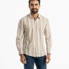 Men's stripe long-sleeved casual shirt in printed cotton fabric. Classic collar with front button fastening and adjustable metal buttons at cuffs.