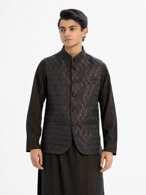 Men's Waistcoat in Jacquard fabric. Mandarin collar, sleeveless, straight hem with button closure and three pockets at front.