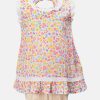 New born girls printed frock and pant set in cotton fabric. Sleeveless, round neck and lace work at front.