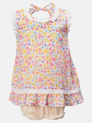 New born girls printed frock and pant set in cotton fabric. Sleeveless, round neck and lace work at front.