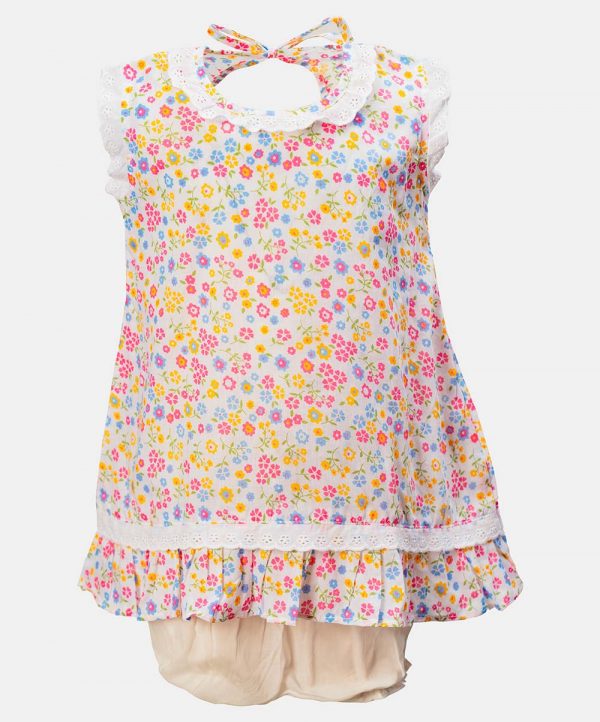 New born girls printed frock and pant set in cotton fabric. Sleeveless, round neck and lace work at front.