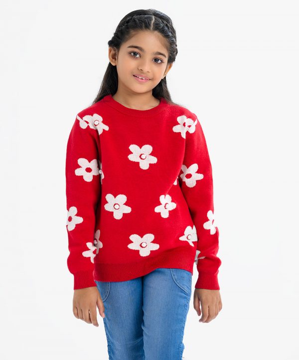 Kid girl's floral printed sweater in blended viscose knit fabric. Round collar, full sleeves and a straight hem. Featuring narrow ribbing at the collar, cuffs, and hem.