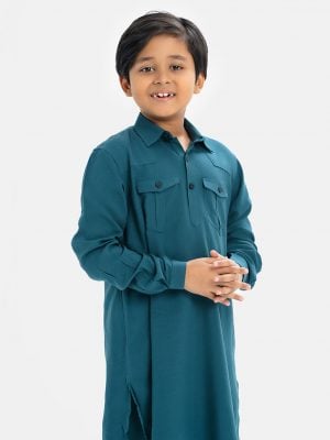 Kid boy's kabli Panjabi Set in viscose fabric. Classic collar, long-sleeved with adjustable cuff. Inseam pockets and pajamas.