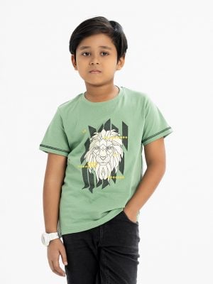 Kid boy's t-shirt in cotton single jersey fabric. Round neck, short sleeves. Lion face print on the chest.