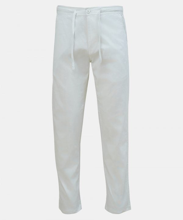 Men's slim-fitted pant pajama in cotton fabric. Two zipper fly side pockets and two back pockets. Concealed elasticated waistline with adjustable drawstring.