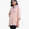 Women's A-line tunic in zoom fabric. Classic shirt collar with metal buttons placket, three-quarter sleeves. Geometric print detail and karchupi on the chest, collar and sleeves hem.