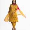 All over printed Salwar Kameez in viscose fabric. Mandarin collar, lace attach at three-quarter sleeves cuff and embroidery at the front of kameez. Chiffon dupatta with Afghani pajamas.