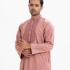 Men's slim-fitted panjabi in textured cotton fabric. Embroidery at mandarin collar with metal buttons on the placket.