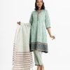 Printed A-line salwar kameez in crepe fabric. Patch attach at V-neck, three-quarter sleeves cuff and hem of kameez. Half-silk dupatta with pant-style pajamas.