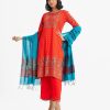 All over printed Salwar Kameez in viscose fabric. Round neck, full sleeves and karchupi at the front of kameez. Half-silk dupatta with palazzo pants.