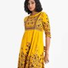 Women's frock-style floral printed kameez in viscose fabric. Mock neck and three-quarter sleeves. Karchupi at the front.