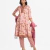Printed salwar kameez in georgette kameez. V-neck, three-quarter sleeved. karchupi at the front and patch at the hemline. Crepe culotte pant and half silk dupatta.