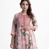 Women's floral printed A-line tunic in georgette fabric. Mandarin collar, three-quarter sleeved. Embroidery and pleated waistline at the front.