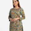 Women's floral printed straight kameez in crepe fabric. Round neck, full sleeves. Karchupi at the front.